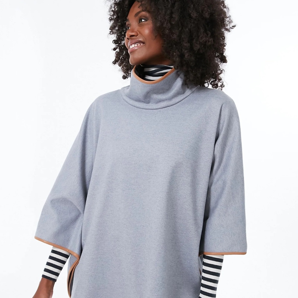 Slate Blue Leather Trim Funnel Piper Poncho